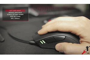 Large, ergonomic mouse with a 3360 optical sensor, Omron switches on the buttons, weighing about 111g, rubberized grips and a new way of doing RGB lights.